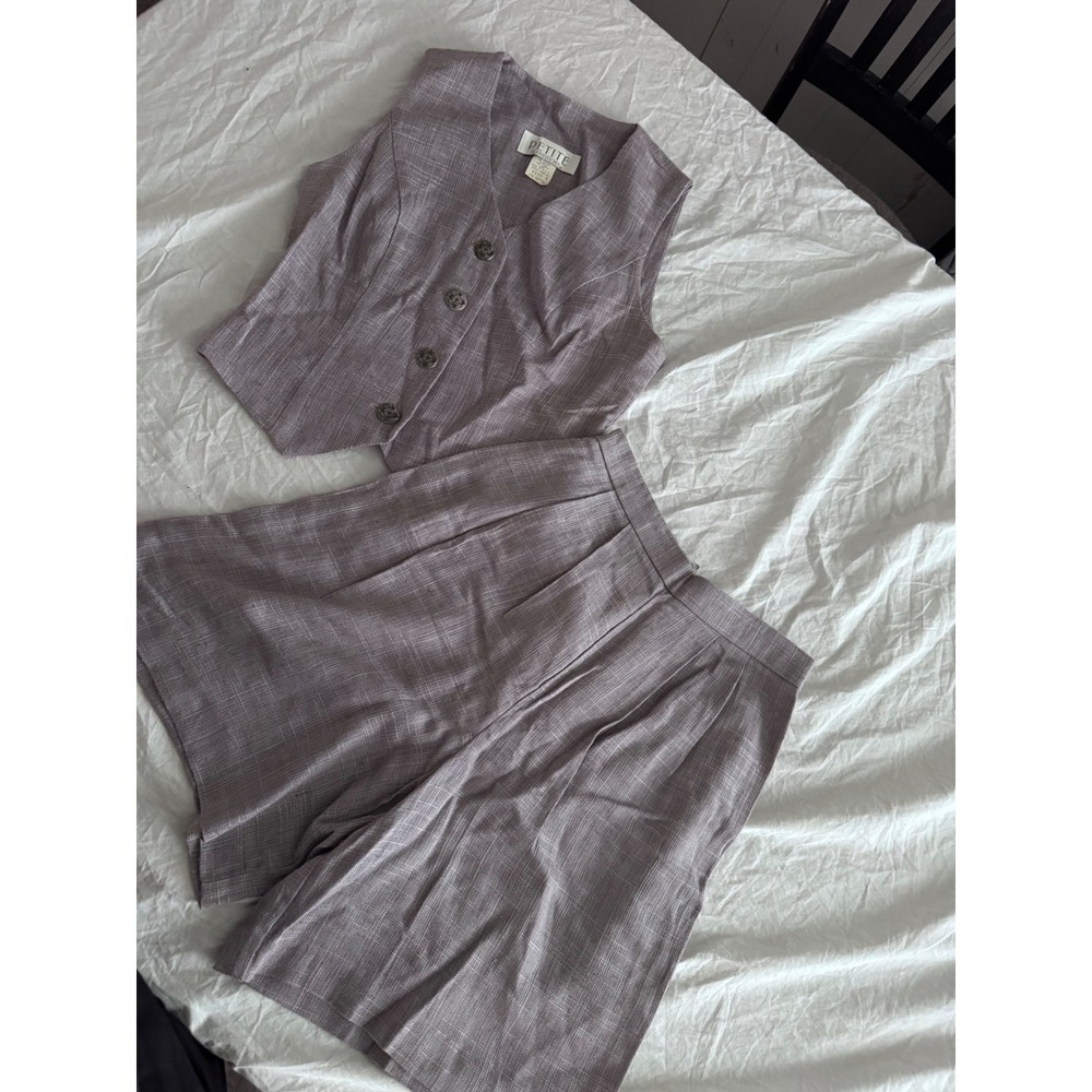 Petite Sophisticate Lavender Plaid Vest & High-Waist Shorts Set